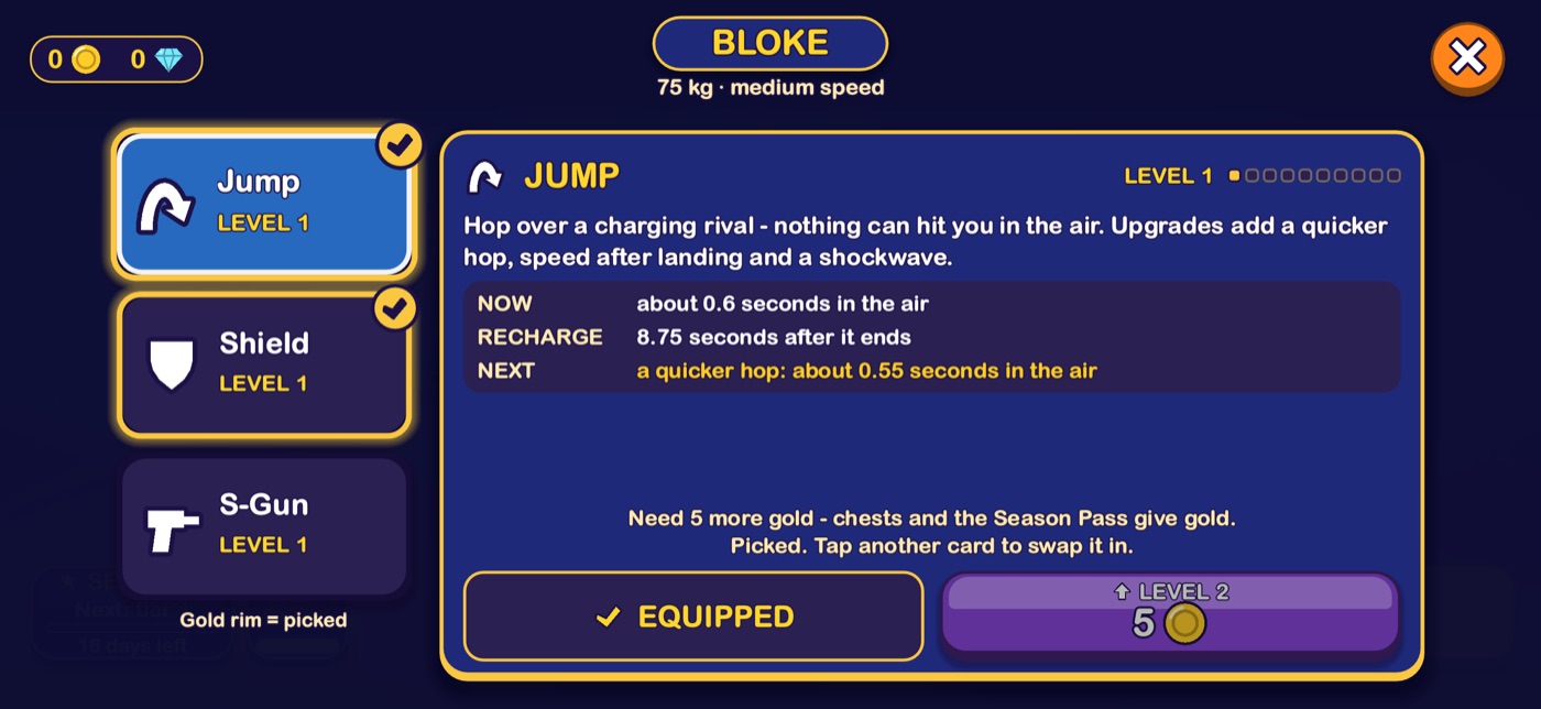 The ability menu for Bloke, with Jump, Shield and S-Gun cards. Jump is at level 1 and the panel shows its air time, recharge and what level 2 adds.