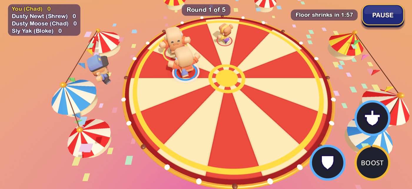 A four-player Sumo Arena match on a red and cream striped round arena, with the scoreboard, a Floor shrinks timer and the Shield and Boost buttons.