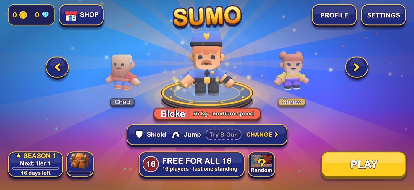 The Sumo Arena main menu: Bloke stands on a gold podium between Chad and Shrew, with Shield and Jump equipped, Free for all 16 picked and a big yellow Play button.