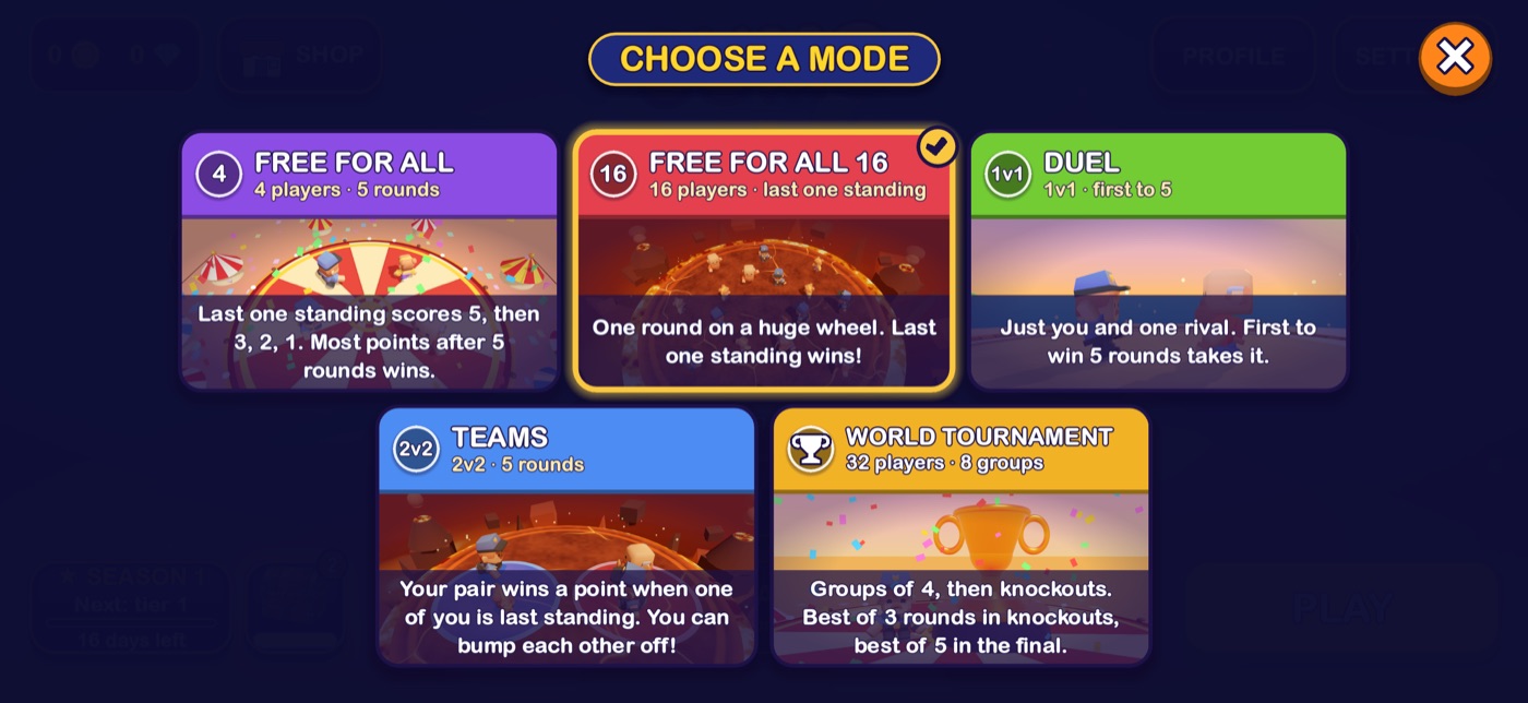 The Choose a Mode screen in Sumo Arena with cards for Free for all, Free for all 16, Duel, Teams and World Tournament.