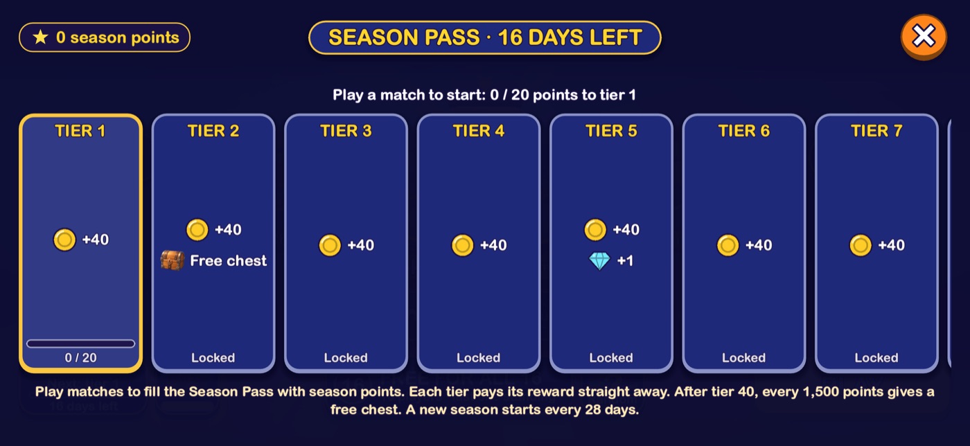 The Season Pass screen showing tiers 1 to 7 with gold, a free chest and a diamond among the rewards.