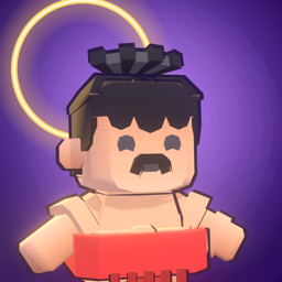 Sumo Arena app icon: a blocky sumo wrestler with a topknot and moustache under a golden halo.