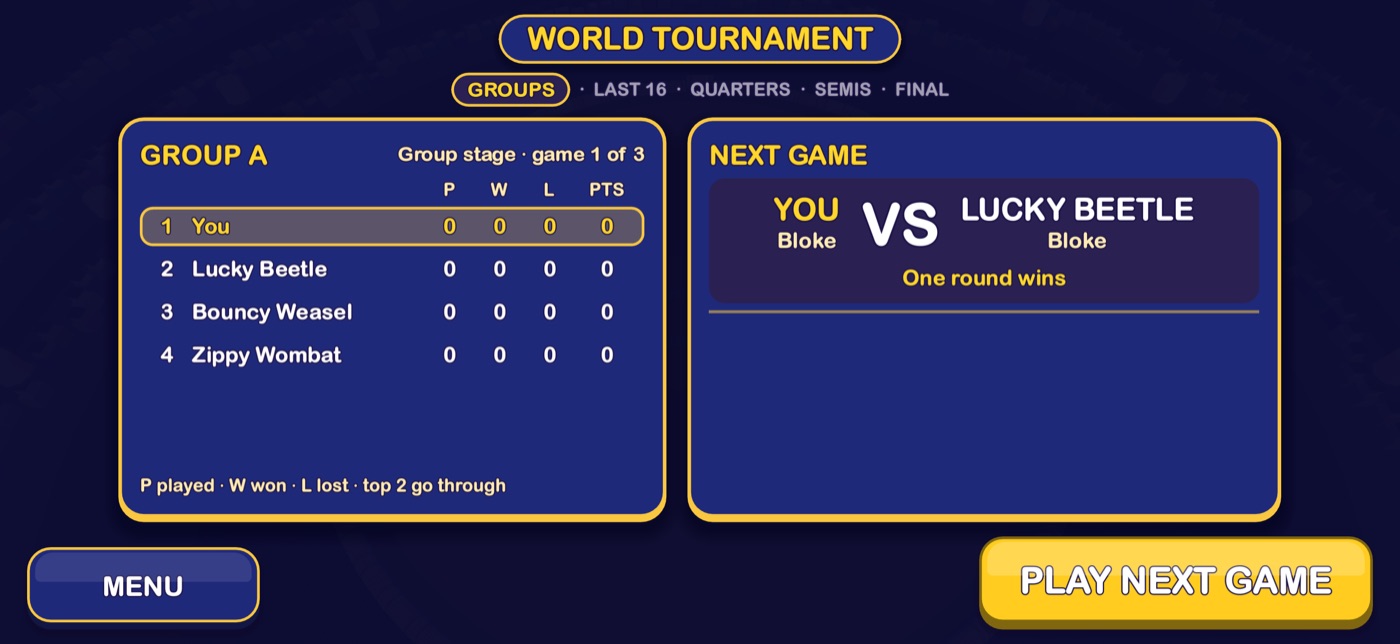 The World Tournament group stage: the Group A table beside the next game card, You versus Lucky Beetle.